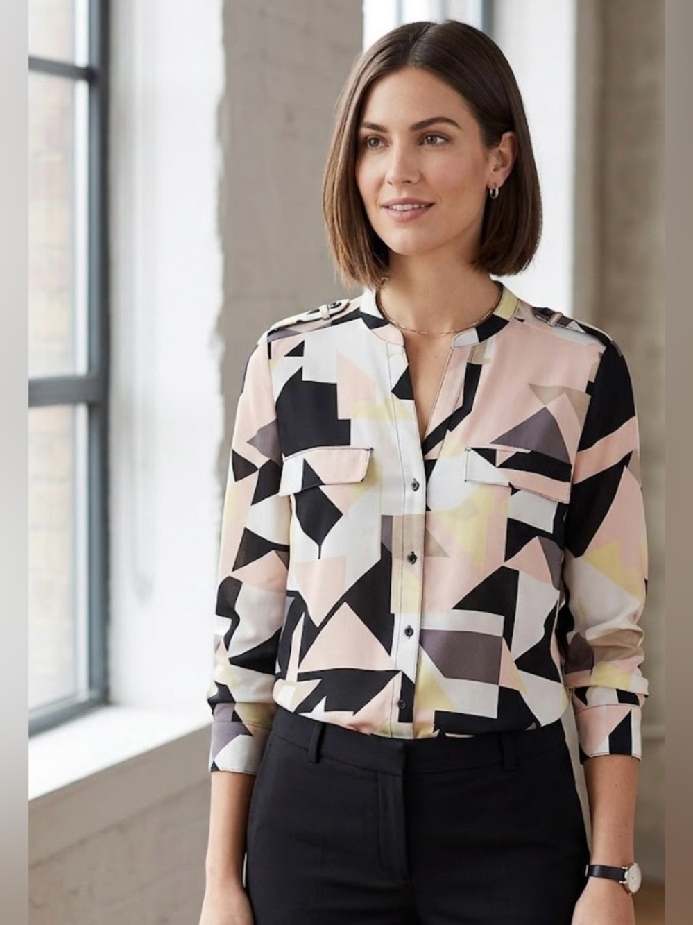 Calvin Klein Geometric Print Pink/Black Split Neck Button Long Sleeve Blouse